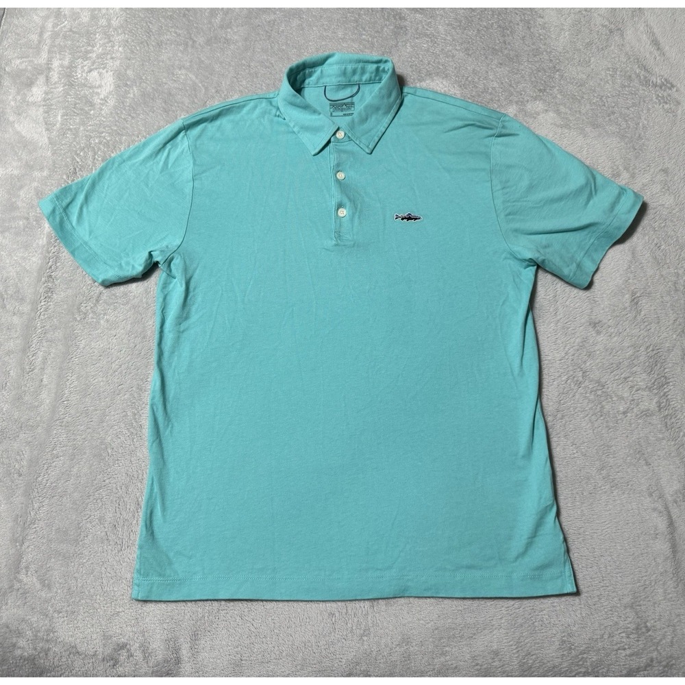 Patagonia Mens Small Trout Fitz‎ Roy Polo Shirt Turquoise Organic Cotton